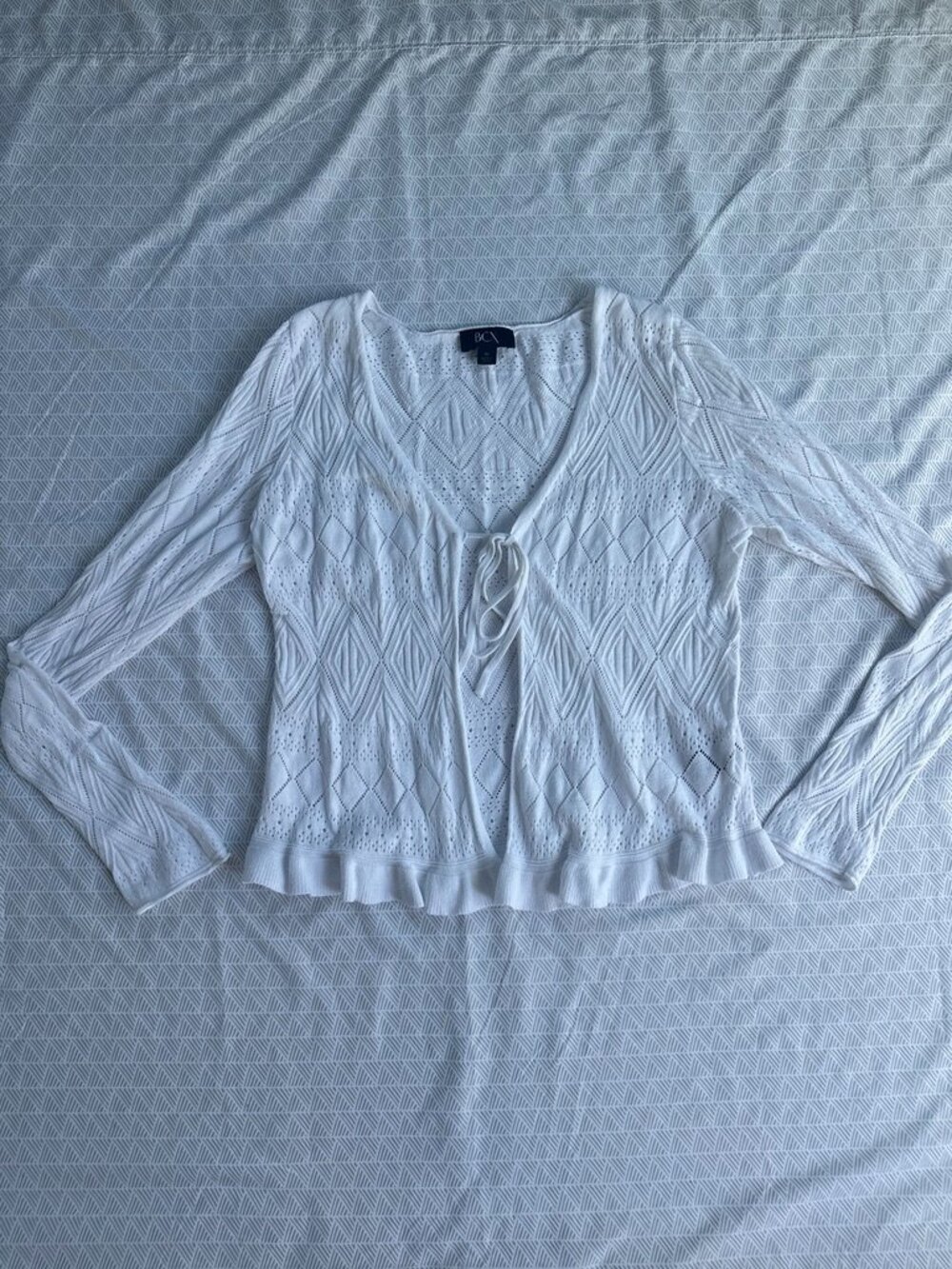 BCX White Pointelle Knit Tie-Front Sweater Top Shawl - M
